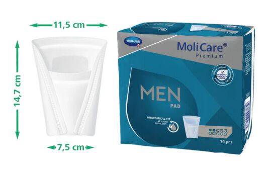 MoliCare Premium MEN PAD 2 Tropfen Penistasche - Packshot und Produktshot mit Abmessungen