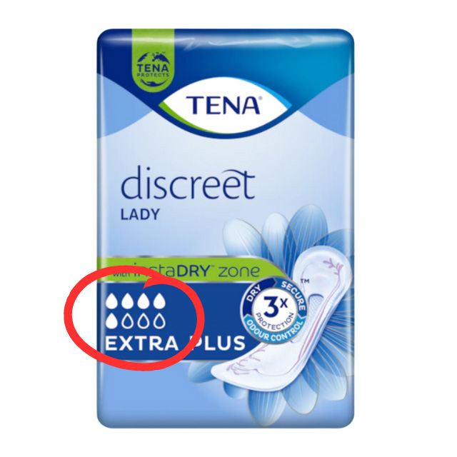 TENA Lady Discreet Extra Plus - alte Tropfenskala auf der Verpackung