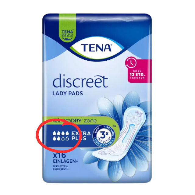 TENA Lady Discreet Extra Plus - neue Tropfenskala auf der Verpackung