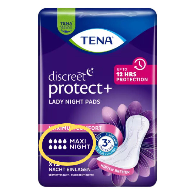 TENA Lady Discreet Maxi Night - neue Tropfenskala auf der Verpackung