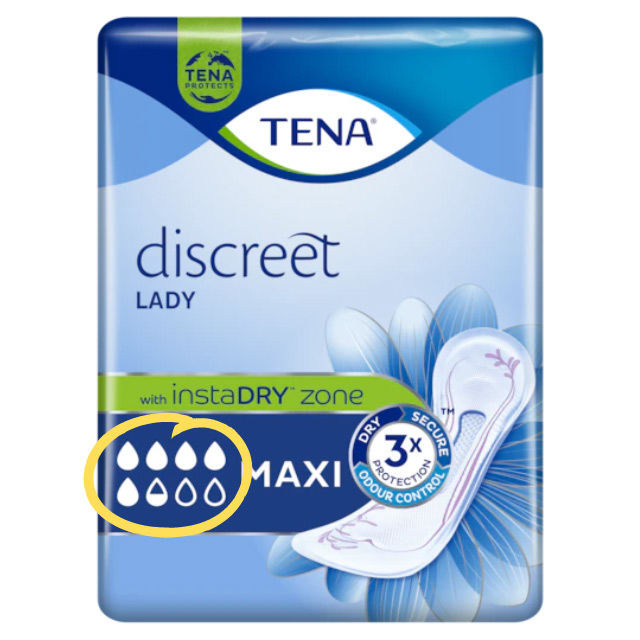 Alte Tropfenskala auf der Verpackung der TENA Lady Discreet Maxi