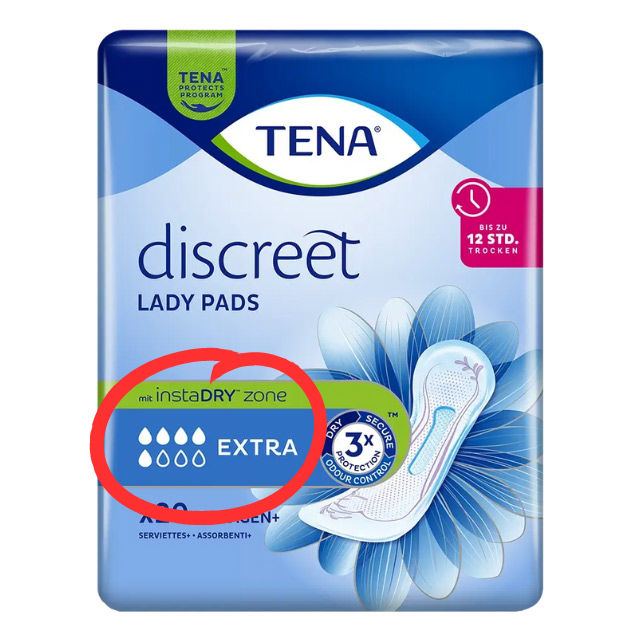 TENA Lady Discreet Extra - neue Tropfenskala auf der Verpackung