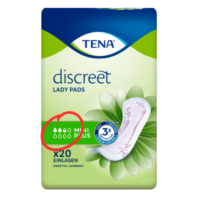 TENA Lady Discreet Mini Plus - alte Tropfenskala auf der Verpackung