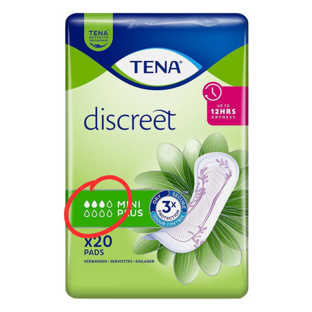 TENA Lady Discreet Mini Plus - neue Tropfenskala auf der Verpackung
