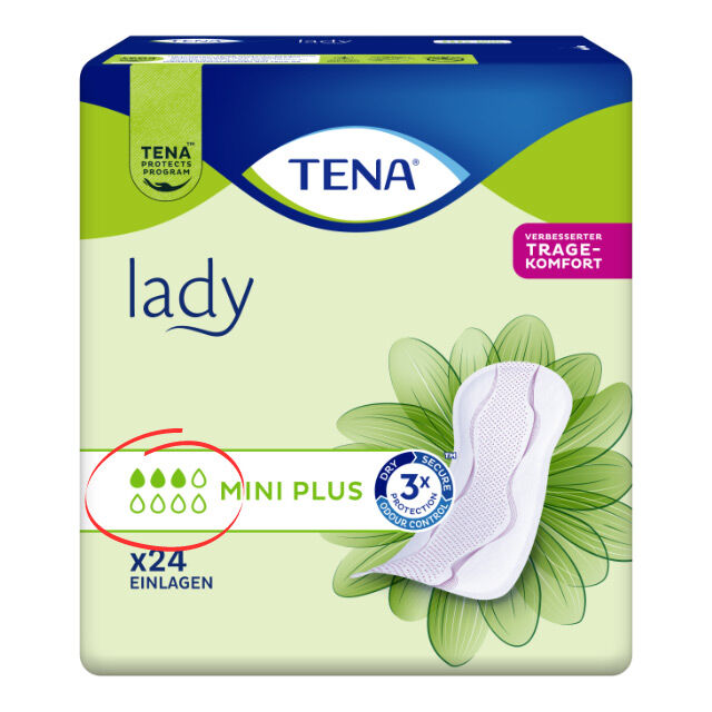 TENA Lady Mini Plus - neue Tropfenskala auf der Verpackung