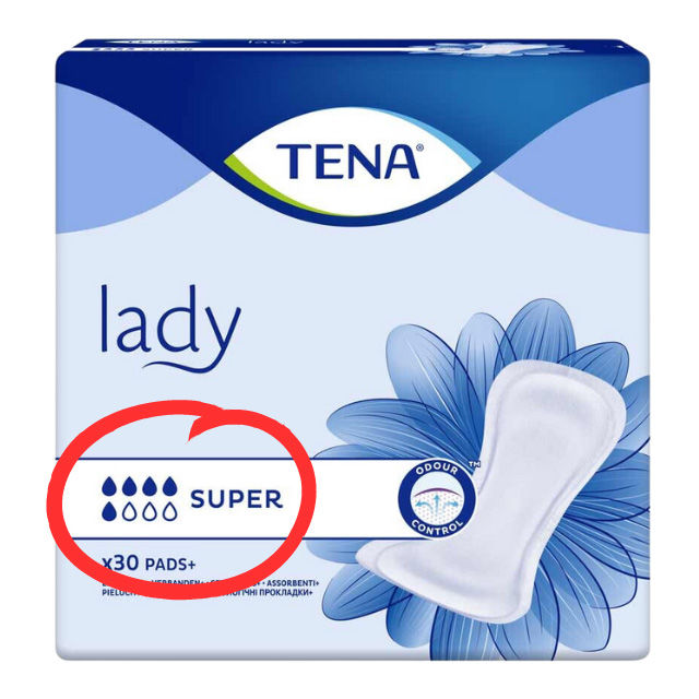 TENA Lady Super alte Tropfenangabe auf der Verpackung