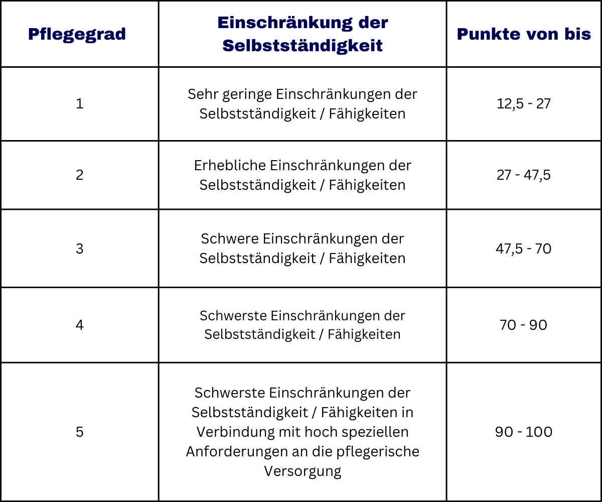 Übersicht Punktesystem Pflegegrade