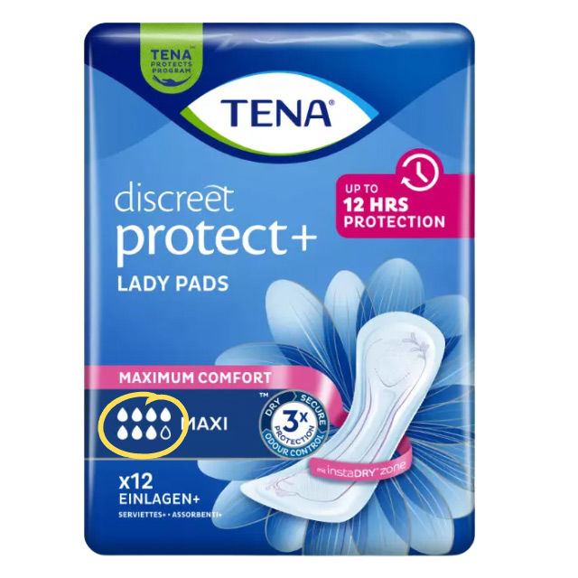 Neue Tropfenskala auf der Verpackung der TENA Lady Discreet Maxi