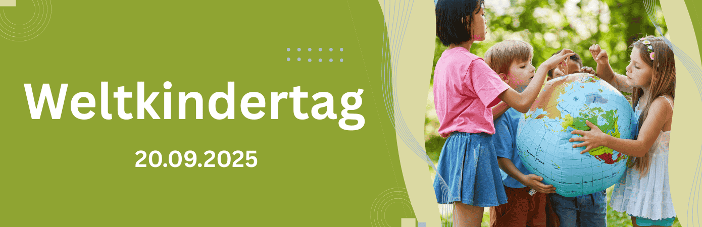 Banner Weltkindertag 2025 Desktop - Kinder mit Weltkugel