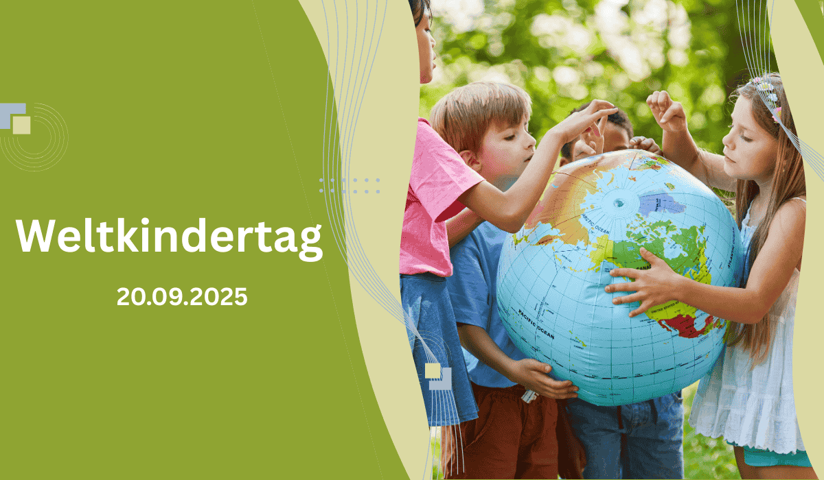 Banner Weltkindertag 2025 Mobile - Kinder mit Weltkugel