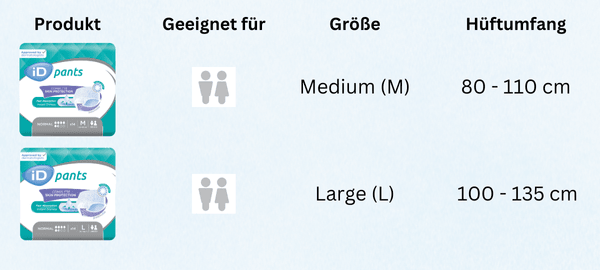 Größentabelle iD Pants Normal