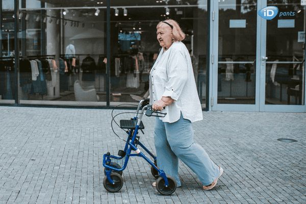 Mollige Frau mit Rollator beim Shoppen in der City - iD Pants XXL