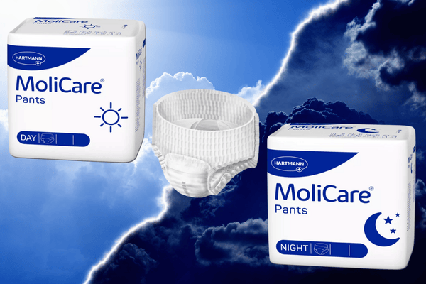 MoliCare Day and Night Pants - Packungs- und Produktbilder vor Tag- und Nacht Hintergrund
