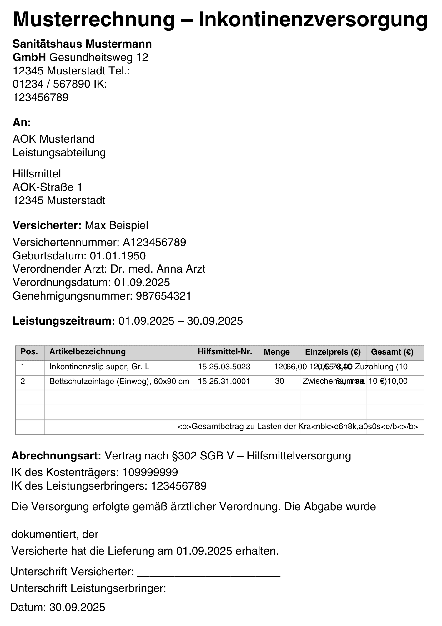Inkontinenzmaterial auf Rezept erhalten - Musterrechnung Krankenkasse